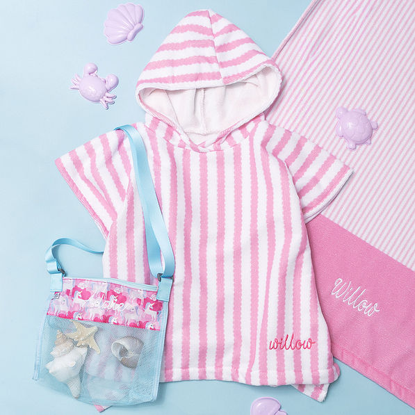 pink scallop stripes toddler hooded towel poncho with matching towel