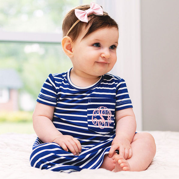 baby in monogrammed blue striped dress