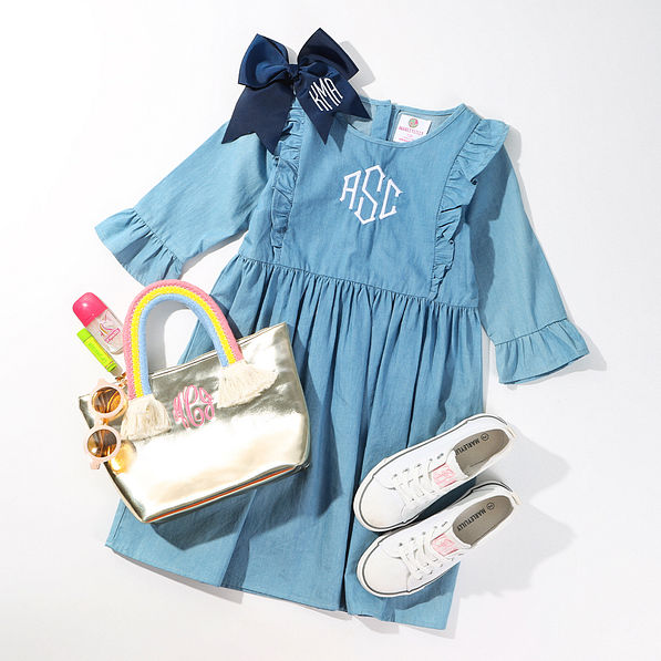 navy girls hair bow with denim ruffle dress