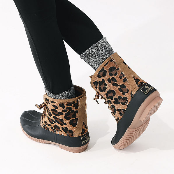 back view of leopard spots duck boots