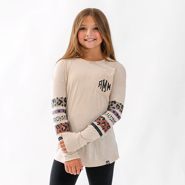 oatmeal leopard kids long sleeve shirt