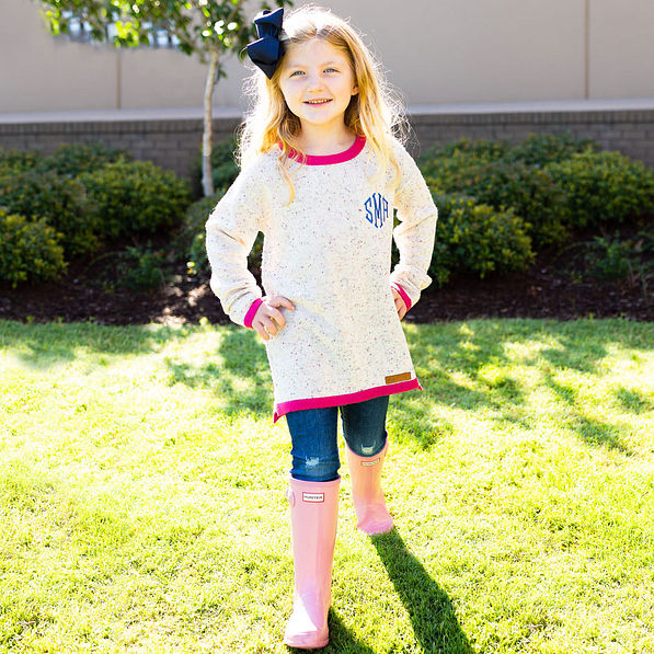 youth confetti sweater with rain boots