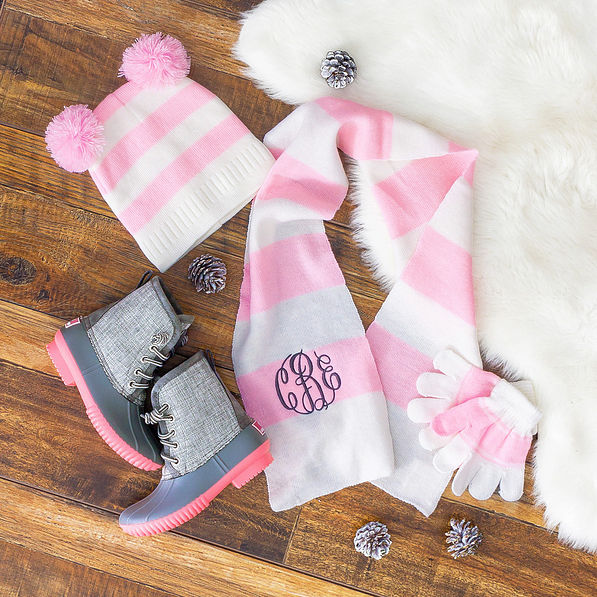 scarf glove and hat set with duck boots