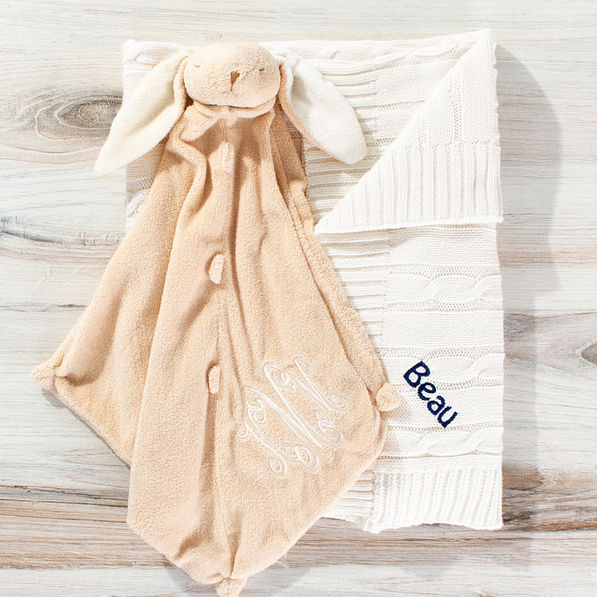ivory personalized baby blanket with lovey
