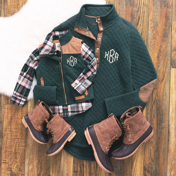 mom and me olive quilted outfits with duck boots