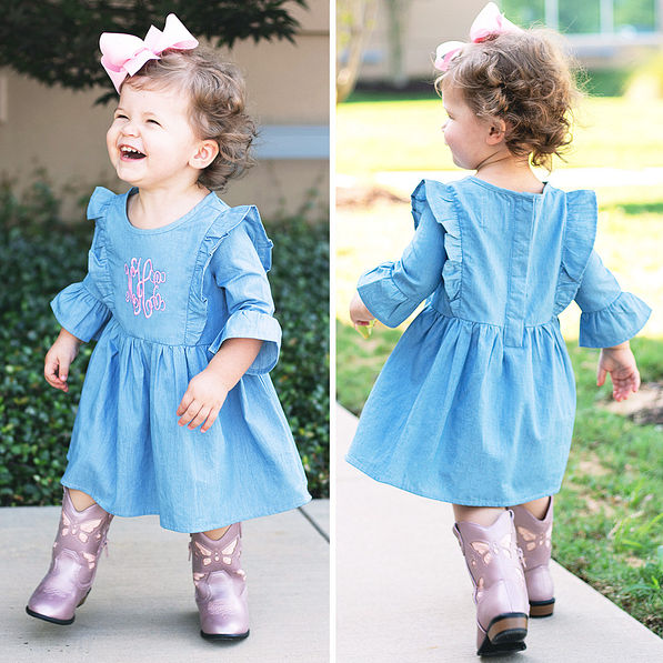 cute ruffle denim dress with boots
