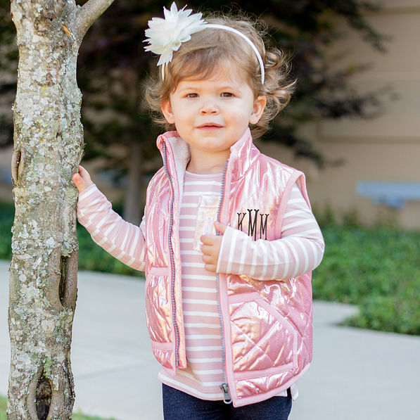 girls pink puffy quilted metallic vest