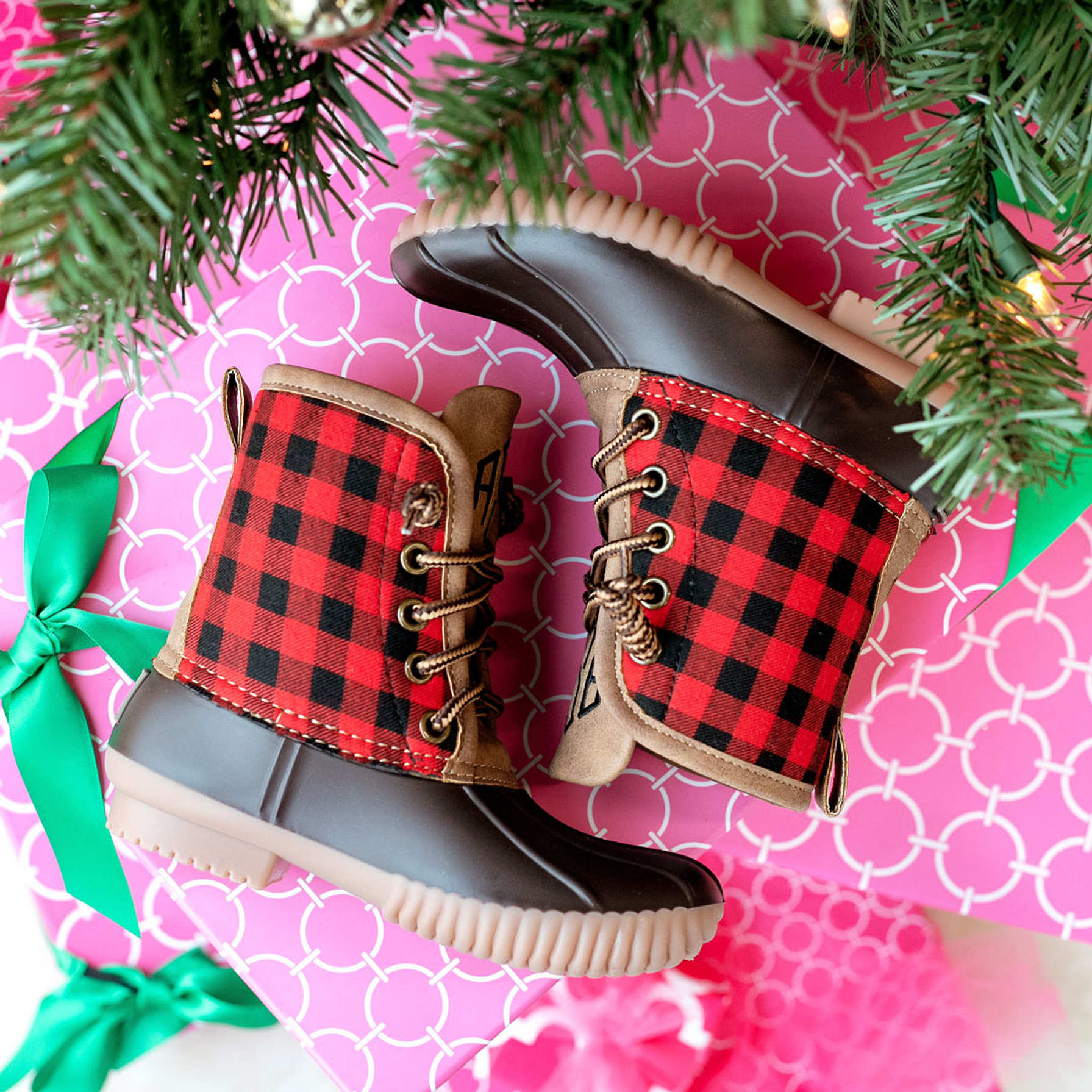red and black checkered duck boots