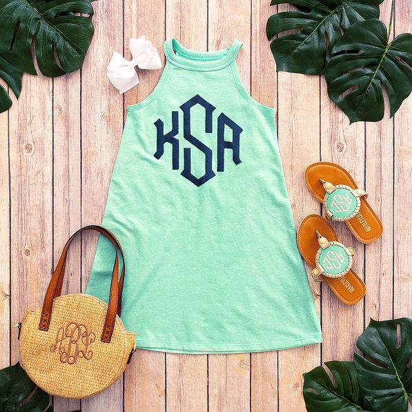 kids monogrammed high neck dress with crossbody & sandals