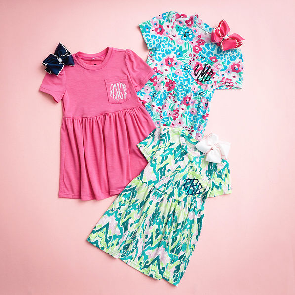 trio kids t-shirts in pink, wild blooms, and bermuda ikat