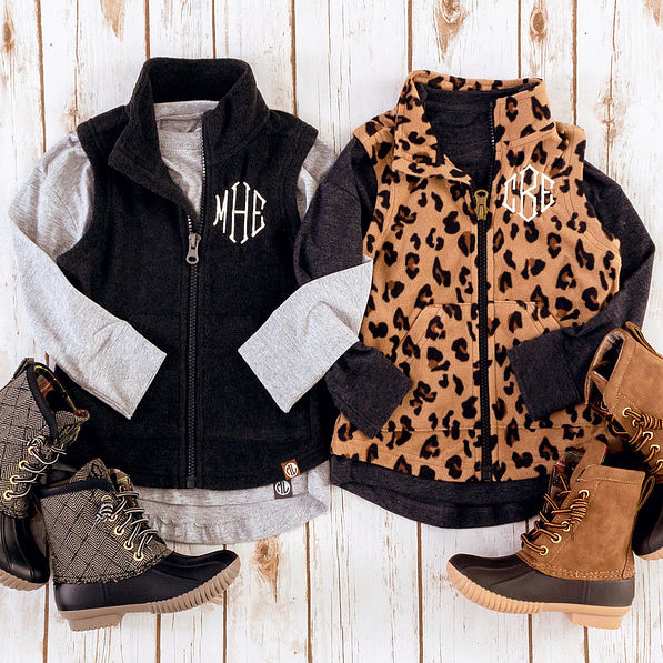 kids microfleece vests in charcoal and leopard with duck boots