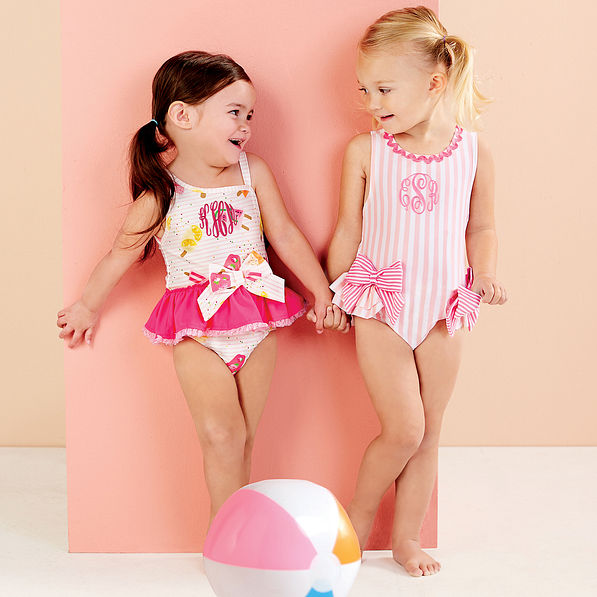 girls popsicle and bow stripe bathing suits