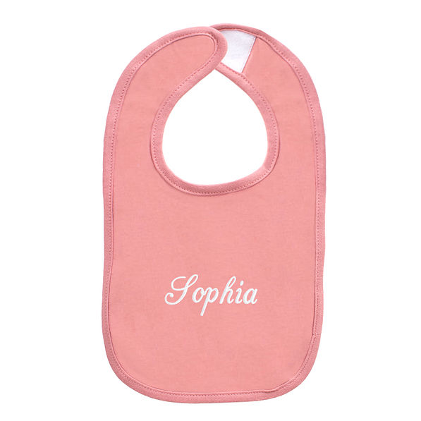 mauve monogrammed baby bib with name monogram