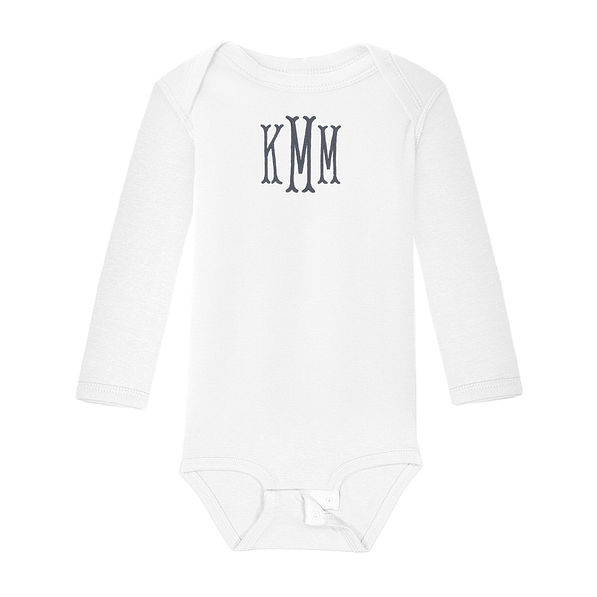 white monogrammed baby long sleeve onesie