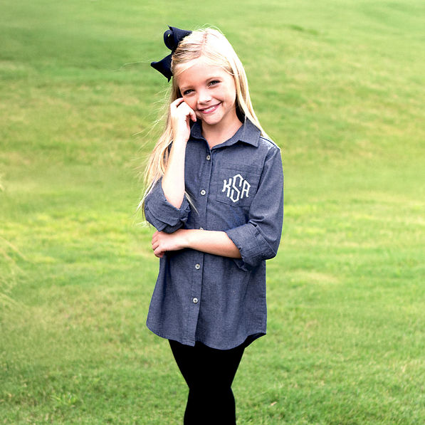 chambray button down on girl with hair bow