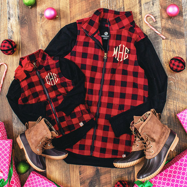 mom and me red buffalo plaid vest outfits