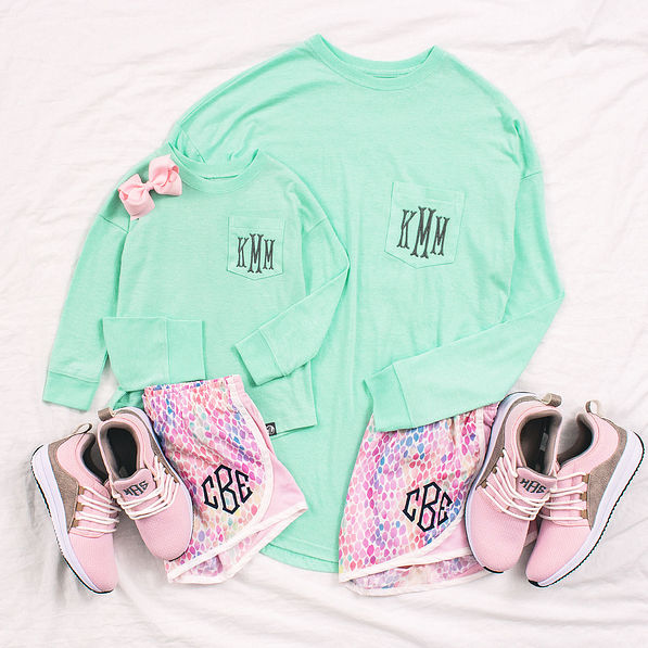 mom and me matching mint shirts and shorts and sneakers