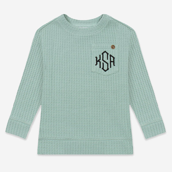 monogrammed kids waffle crewneck in sage