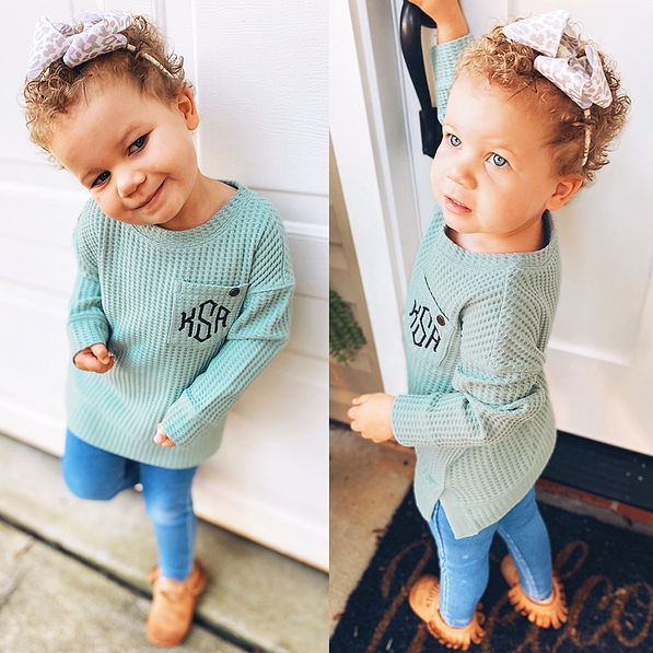 girls monogrammed waffle crewneck front and back