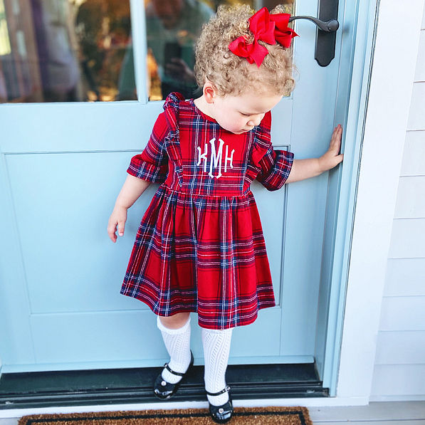 monogrammed kids ruffle plaid dress with holiday print