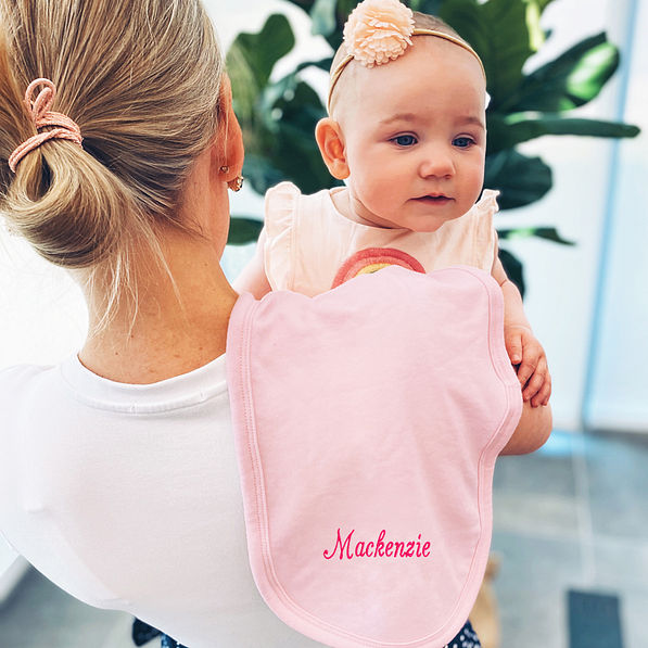 pink monogrammed baby burp cloth with mom