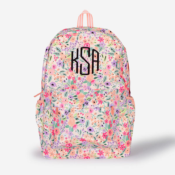 monogrammed kids basic backpack in coral floral - updated