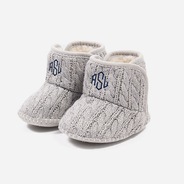 monogrammed baby booties in grey