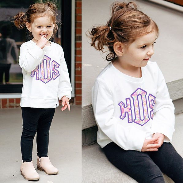 white personalized toddler crewneck with tie dye design