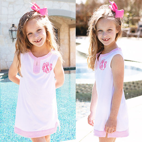 monogrammed kids cover up in pink seersucker