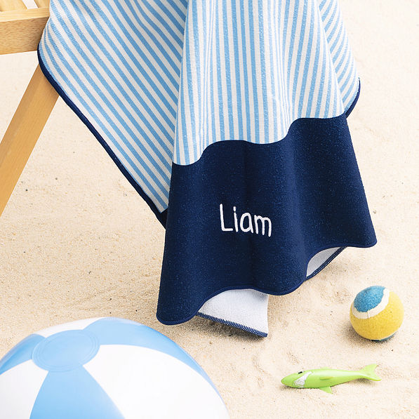 blue mini stripes kids monogrammed beach towel on chair