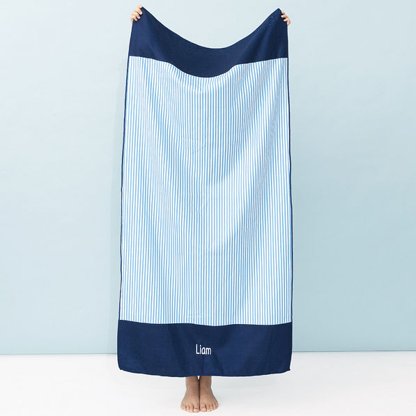 personalized kids beach towel in blue mini stripes