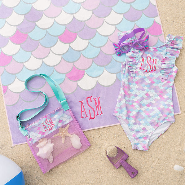 personalized kids beach towel in mint mermaid with swimsuits and seashell bag