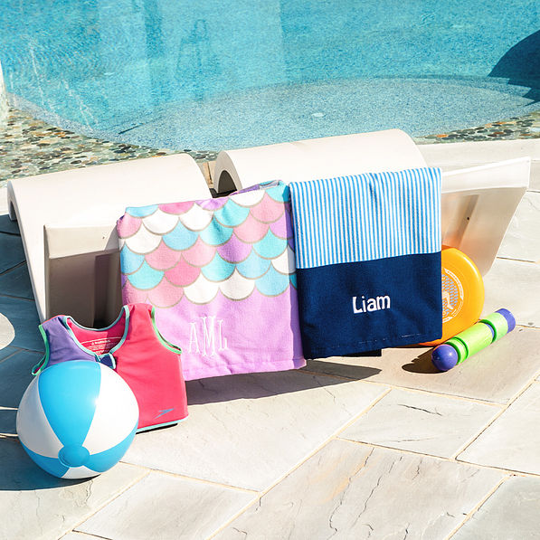 duo kids beach towel in mermaid and blue mini stripes