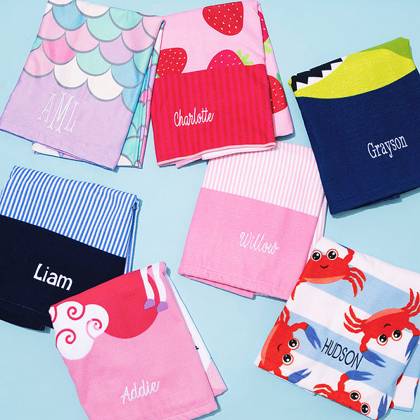 mermaid strawberries sharks pink blue stripes unicorn and crabs monogrammed kids beach towels