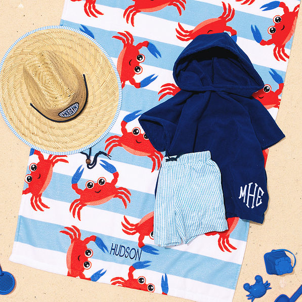 personalized crabs beach towel with toddler swim trunks and hooded towel