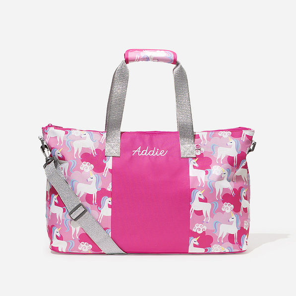 monogrammed kids weekend bag in unicorns