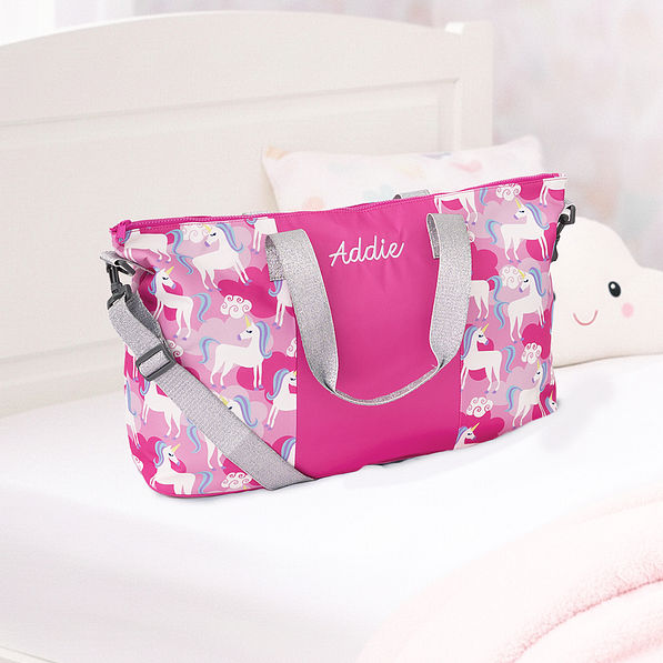 pink personalized weekend bag in unicorns