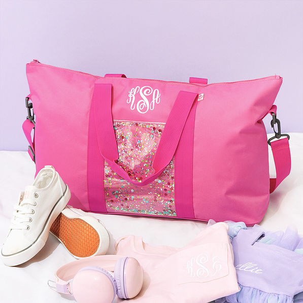 hot pink glitter kids monogrammed weekend bag
