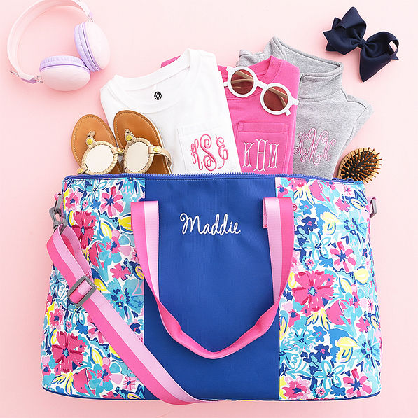 kids weekend bag in watercolor whimsy flatlay