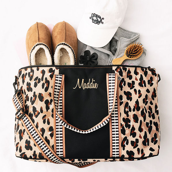 classic cheetah kids monogrammed weekend bag packed