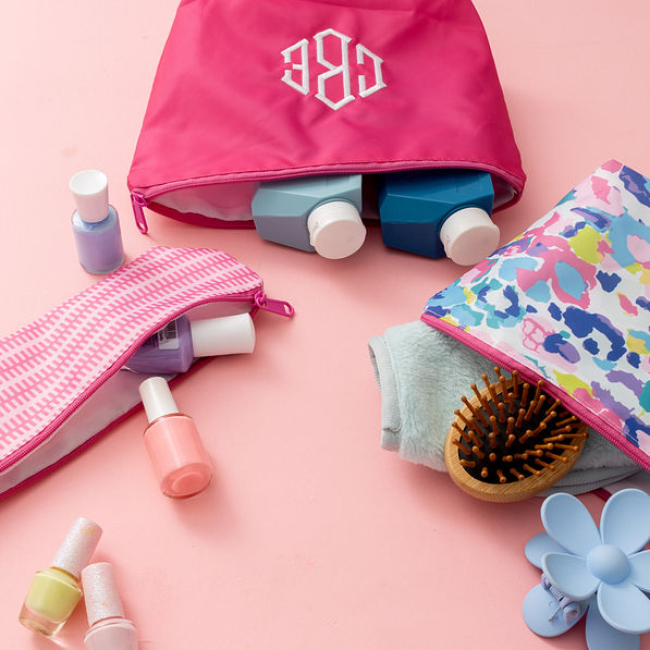 monogrammed kids toiletry bag in multi leopard