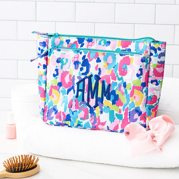 blue leopard kids toiletry bag in bathroom