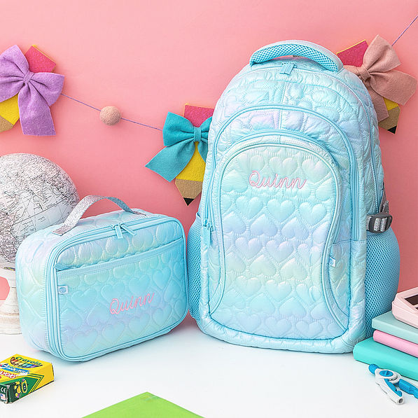 blue quilted hearts bakcpack lunchbox duo