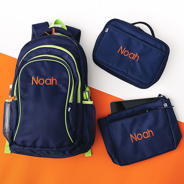 navy personalized boys backpack lunch box and essentials pouch