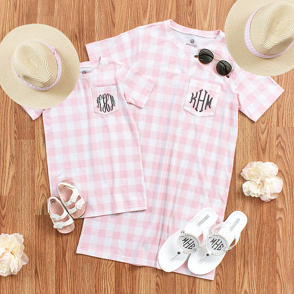 mom and me in pink gingham fedora and dress on wood