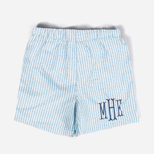 monogrammed baby swim trunk in navy seersucker
