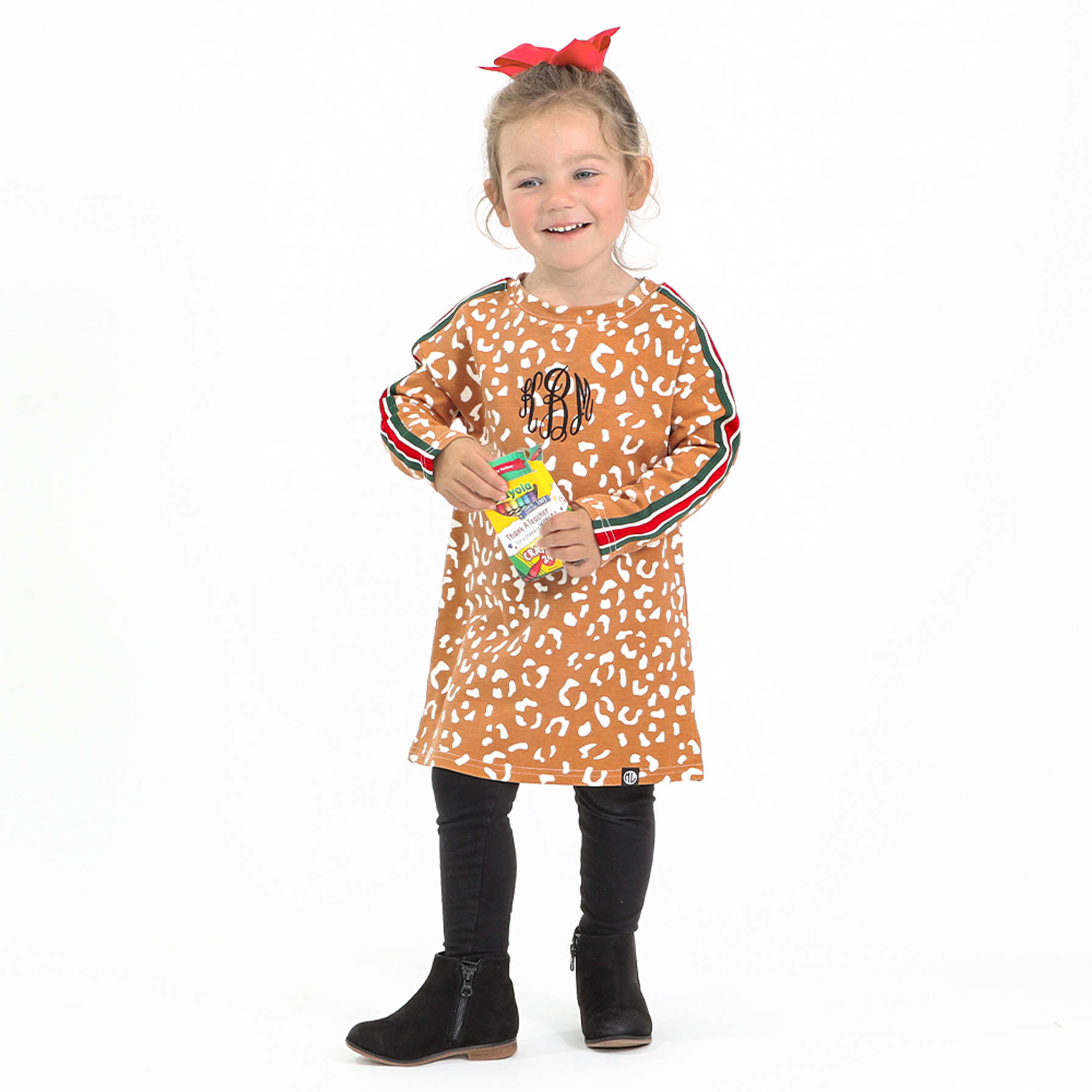 Girls Striped Tape Leopard Panel Hooded Dress