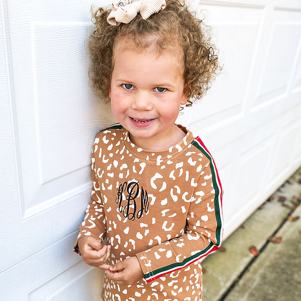 monogrammed girls caramel leopard stripe dress