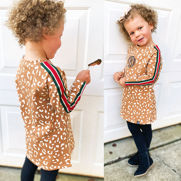 front and side of kids stripe leopard dress