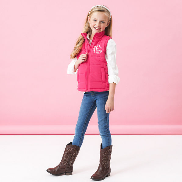 pink kids puffer vest on addie